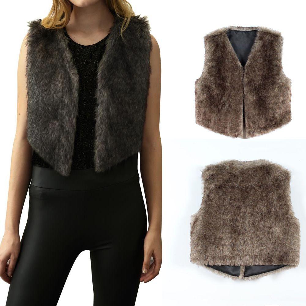 

Женское коричневое пальто без рукавов Искусственный мех кролика Имитация мехового жилета Верхняя одежда Короткая куртка