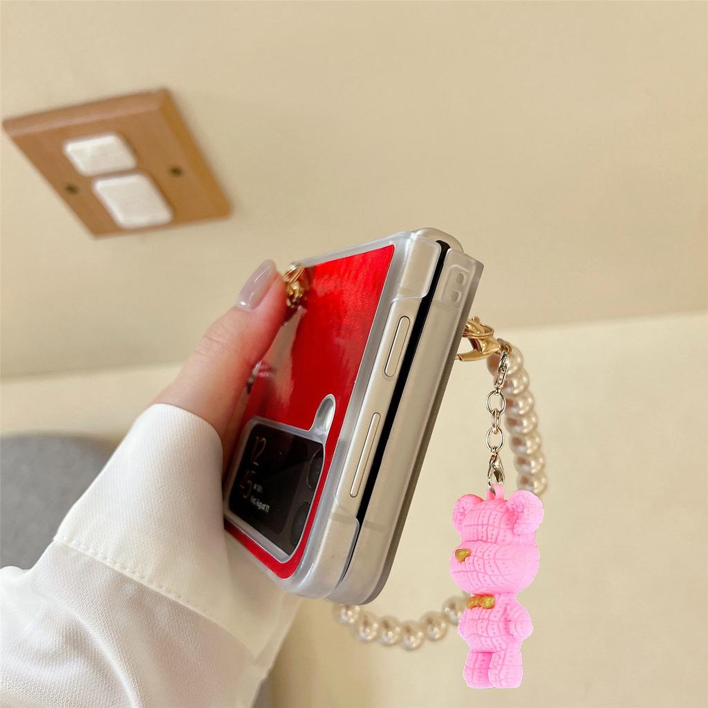 Für Samsung Galaxy Z Flip 4 5g Luxus Aurora Bunte Hülle mit Perlenkette Bär Anhänger Laser Gradient Bling Anti-Drop Cover