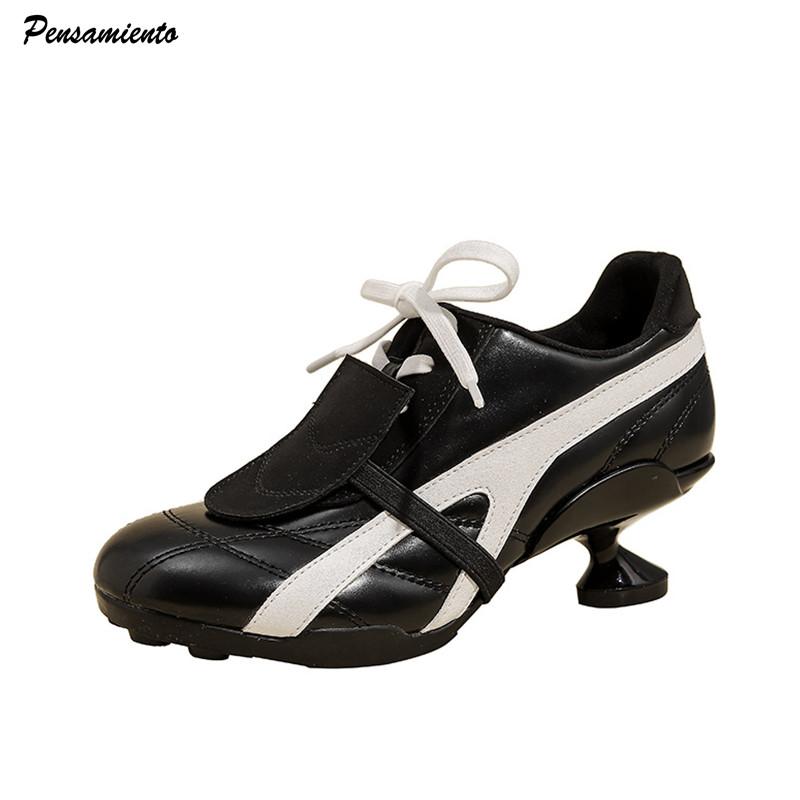 Ins styl Smíšené barvy Patchwork Měkká kůže Dámské Botasky na vysokém podpatku Podzim Zima Ležérní Šněrovací Novinka Sportovní Boty