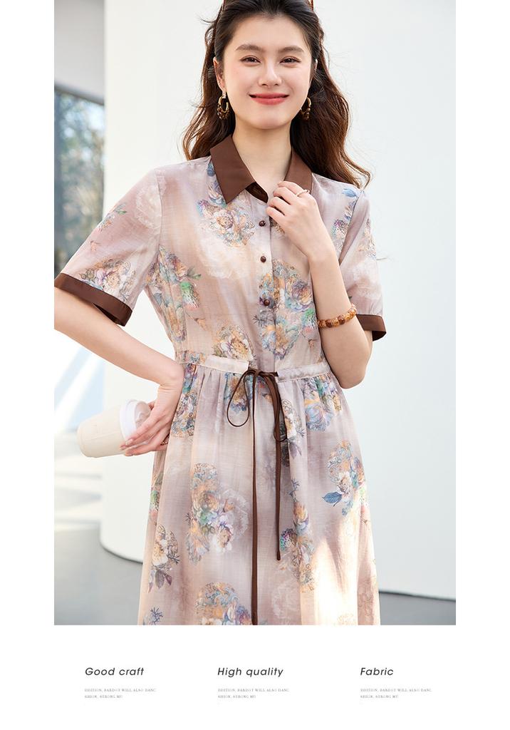 26 year new summer shirt collar with Chinese style high-end feeling, short sleeved skirt, waist cinching versatile mid length skirt, dress