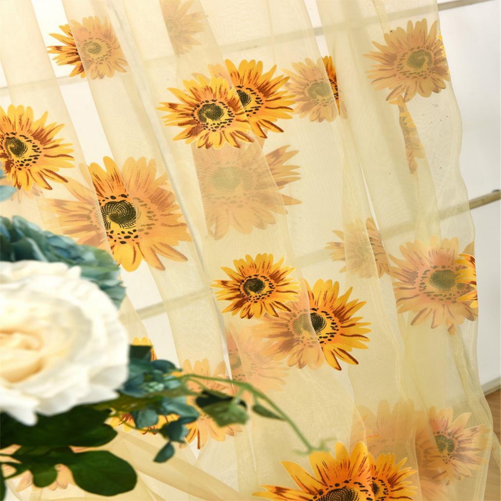 Window Hangings Floral Voile Curtain Transparent Sunflower Panel Grommet Window Curtain for Kitchen Cafe Doorway Partition