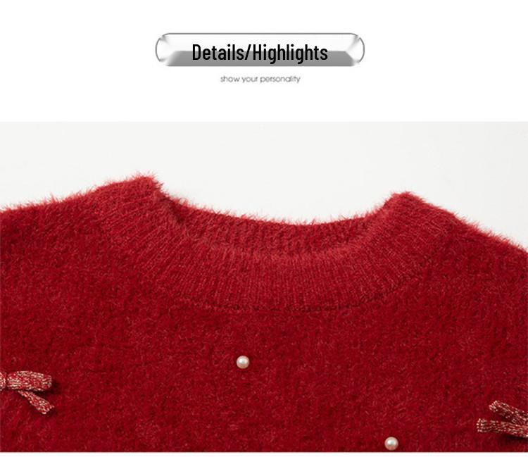 Meng Tang Tang 2025 Winter Girls' Mink Velvet Knit Sweater - Korean Style New Year Outfit