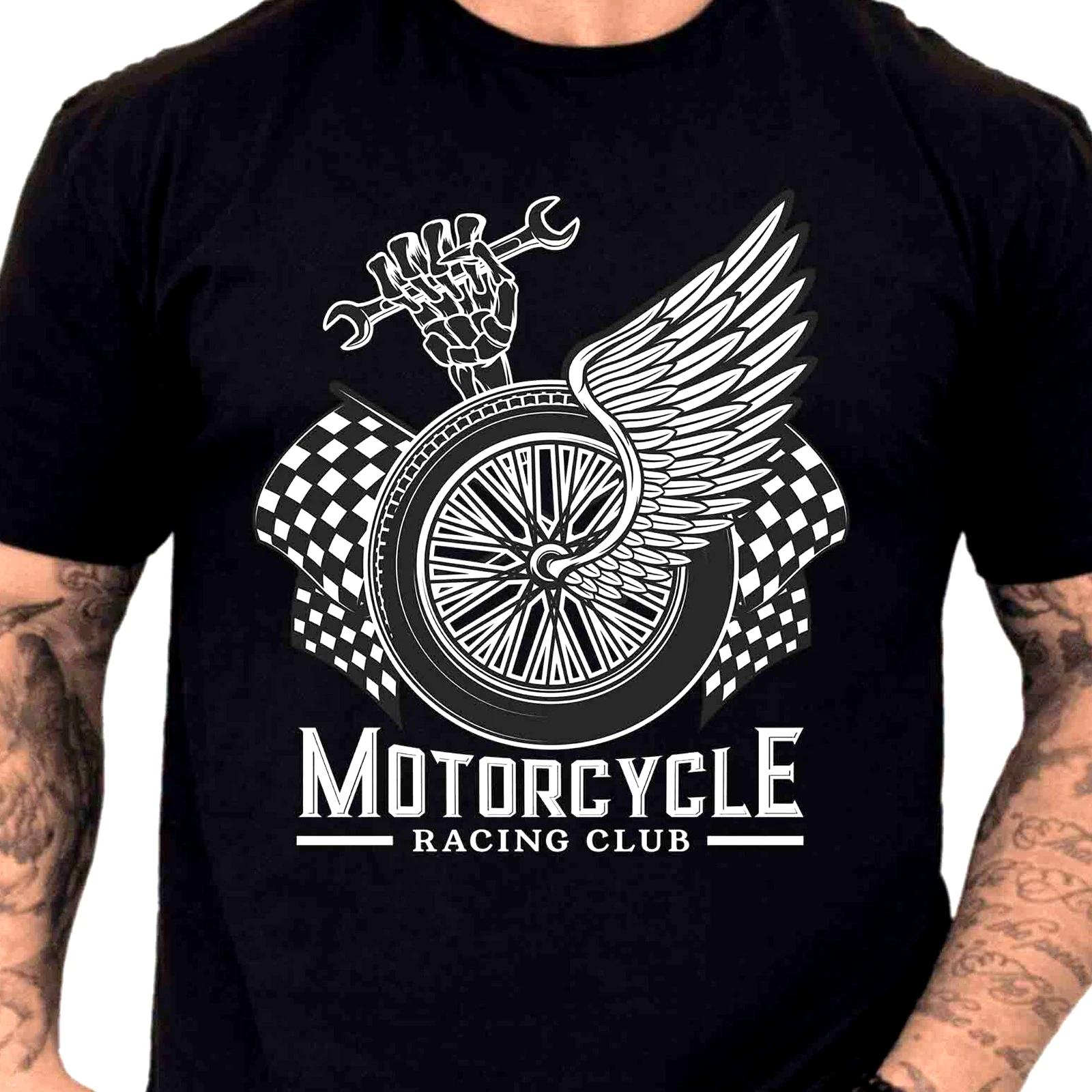 Motorcycle Racing Club T-Shirt Skeleton Wings Biker Graphic Tee Checkered Gift S