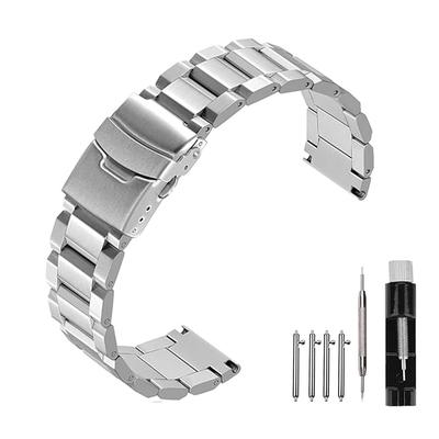 [Kai Tian] 24mm Stainless Steel Watch Band, Silver Quick-Release 3-Row Design Unisex Watch Band