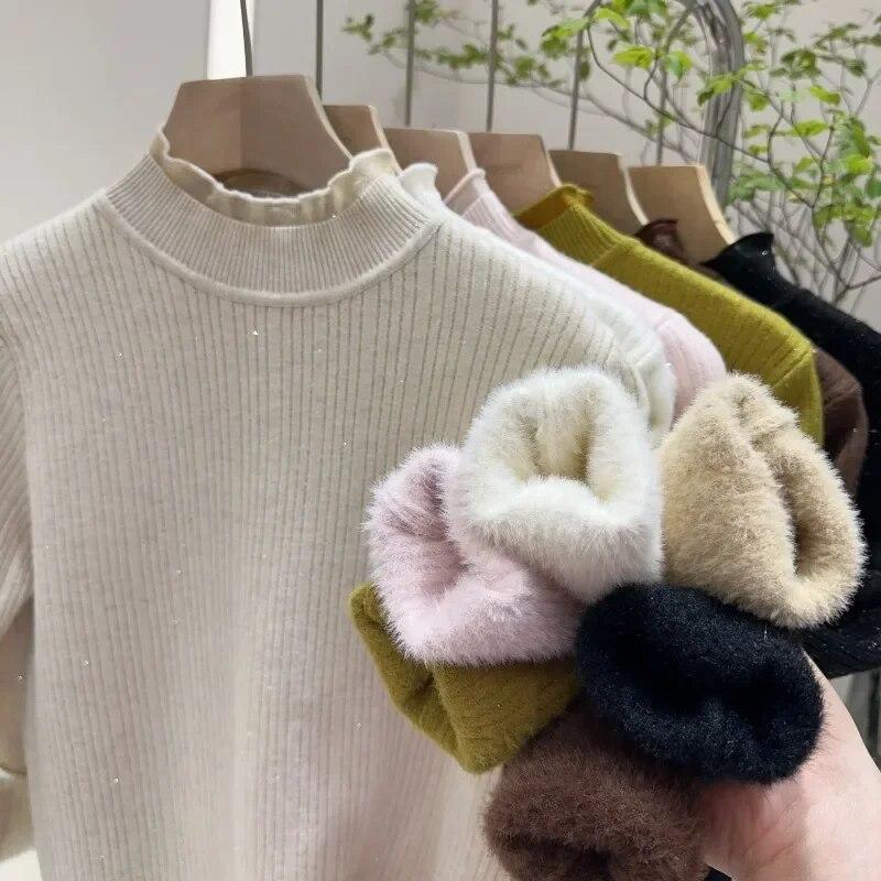 Autumn And Winter Thick Plush Velvet Sweaters Women Half High Collar Lace Knit Jumper Sweater Casual Solid Warm Pullovers 29787