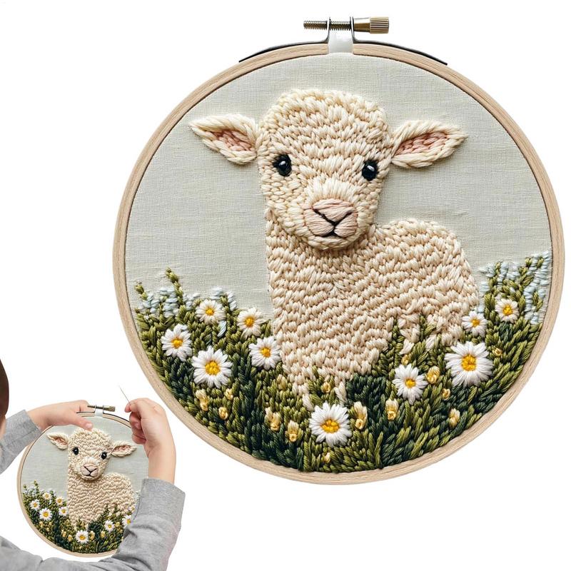 

Набор для вышивания иглой для начинающих, набор для вышивания стежками, узор с овечками, рукоделие, с нитевдевателем, инструкцией, тканью, пяльцами, пряжей United States