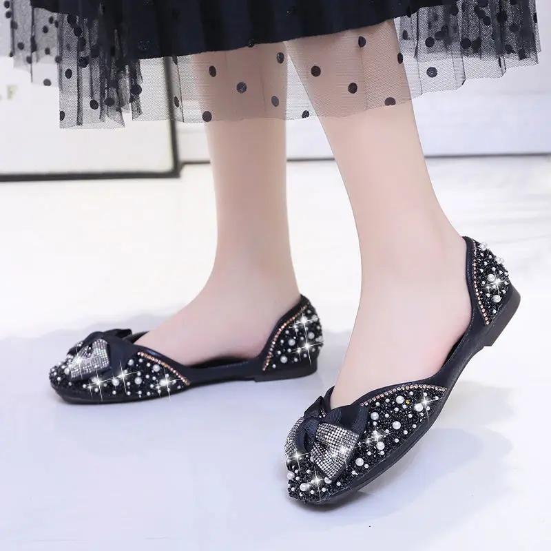 Fashion With Bow Elegant Party Shoes for Women Single Black Pearl Summer 2025 Trend Shoe Casual Stylish On Promotion Young Woman Flats