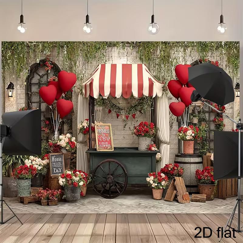 2D Vintage Flower Cart Backdrop Valentine's Day Party Photography Background