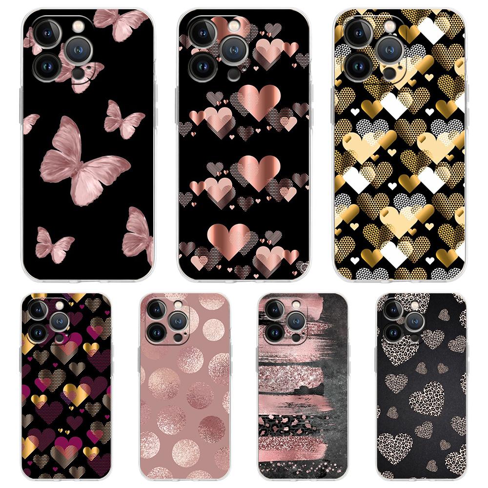 Gold Pink Rose Glitter Hearts Luxury Phone Case For iPhone 16 15 14 13 12 11 Pro Max XS X XR SE 7 8 Plus Silicone Clear Cover