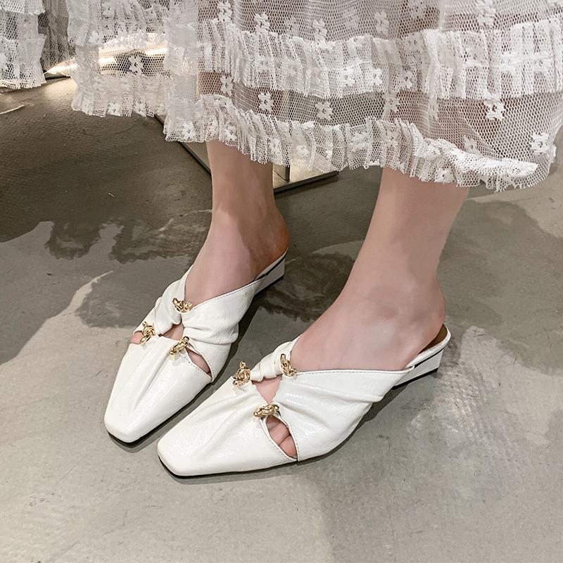 Square Toe Shallow Mouth Cutout Pleated Temperament Metal Slippers Summer New Baotou Pleated Low Heel Shoes