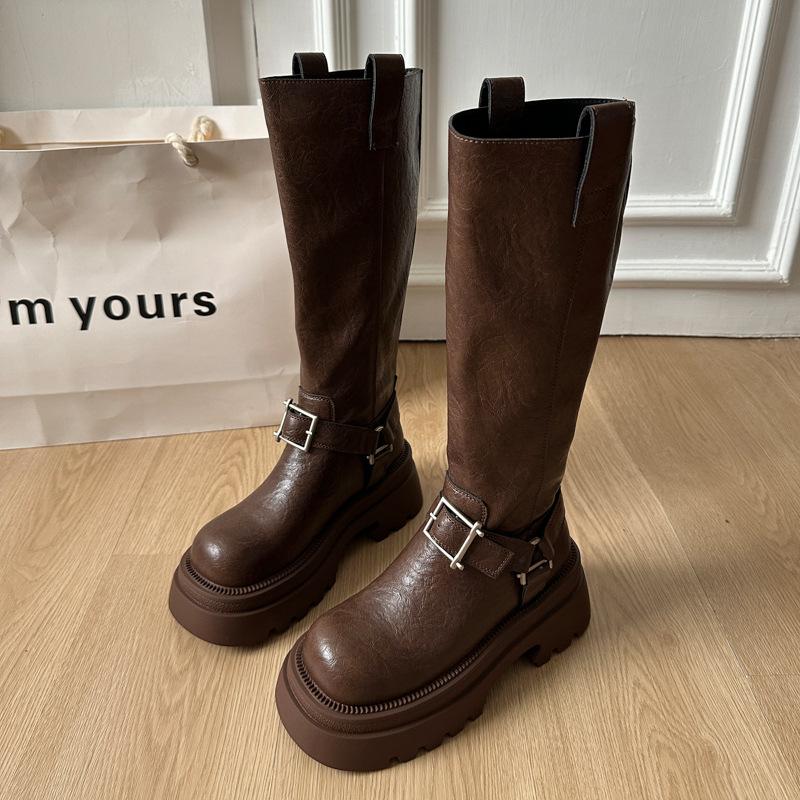 

Ruodan retro British style thick heel platform boots women s 2025 autumn and winter new simple and versatile height-increasing fashion boots 40 коричневий