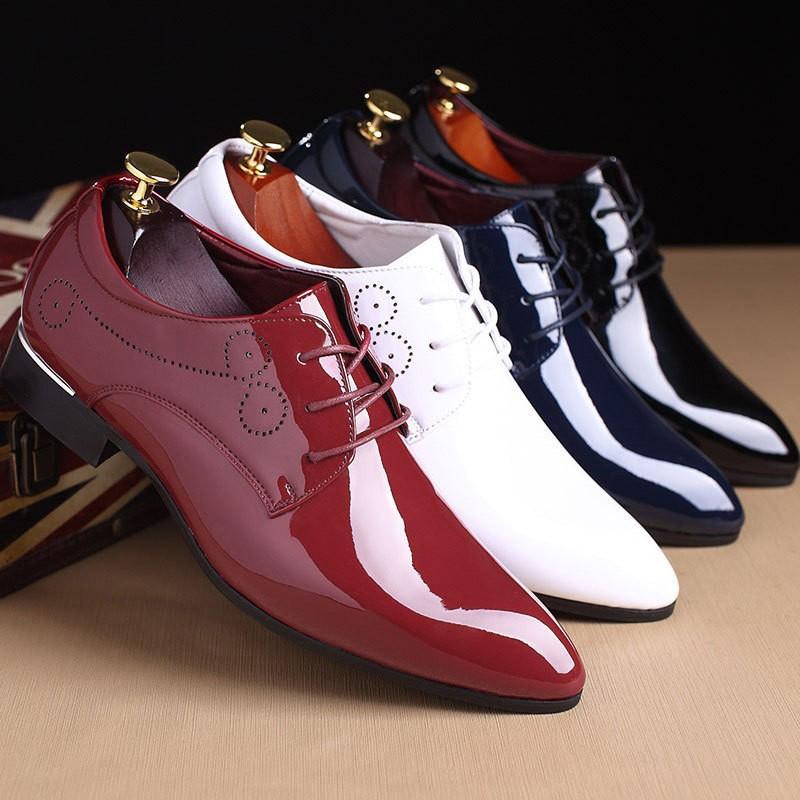Men's Fashion Classic Wedding Party Derby Shoes Men Patent Leather Brogue Shoe Mens Lace-Up Dress Business Office Flats