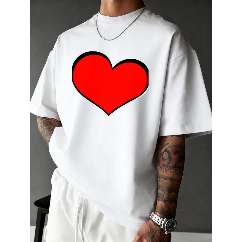 

Мужские графические футболки европейского размера, оверсайз, ретро-принт, смелый дизайн с красным сердцем, уличный стиль, дышащая, легкая | Повседневный топ для мужчин S белый
