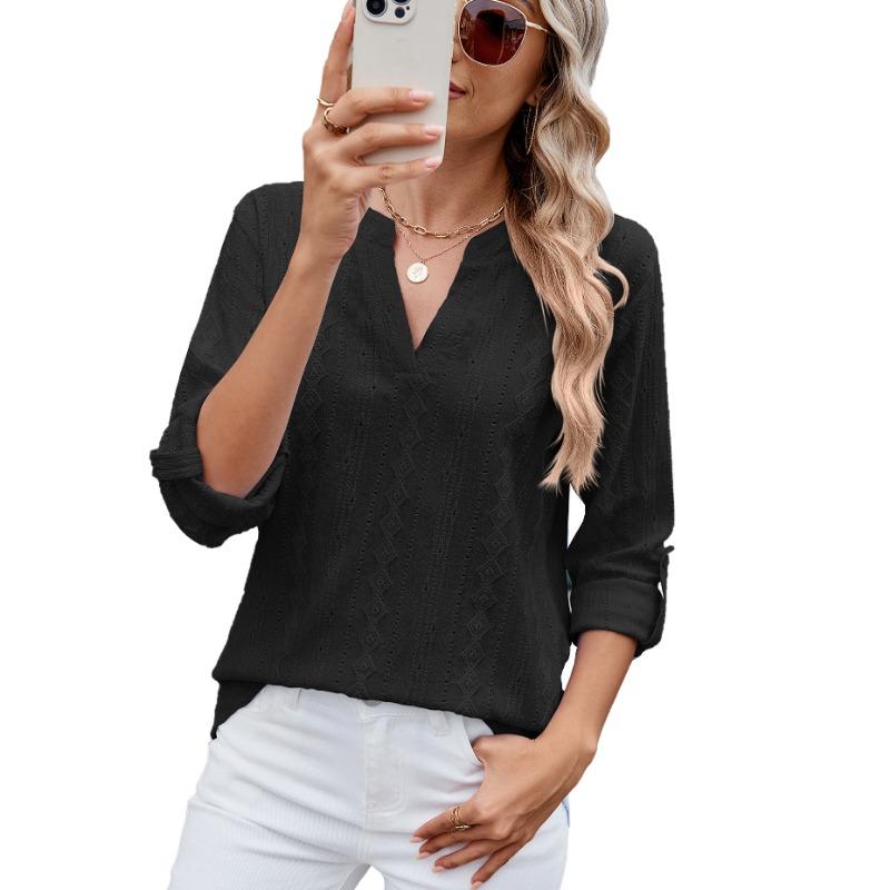 Damen Frühling und Sommer Neues einfarbiges V-Ausschnitt Siebenviertelärmeliges Knopf-Top-T-Shirt