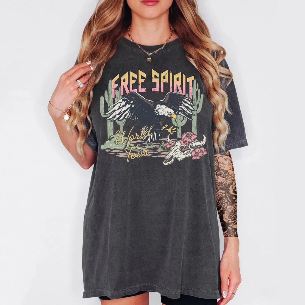 Eagle Western EleUnisext FREE SPIRIT Printed Tshirt Retro Hip Hop Style Top Comfortable Loose Short Sleeve Womens Tshirt