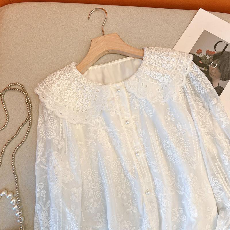 Autumn Stylish Embroidered Lace Doll Collar Shirt for Women, Sweet and Fashionable Flared Long-sleeved Casual Top