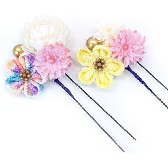 3-Piece Hair Accessory Set: Tsumami Zaiku Kanzashi for Coming-of-Age Ceremony, Furisode, Graduation, Yukata - White, Red, Yellow