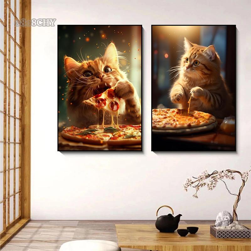 Funny Cat Eating Pizza Canvas Prints Posters Mural Cute Pet Kitten Pizza Poster Canvas Wall Art Painting Pictures for Home Decor