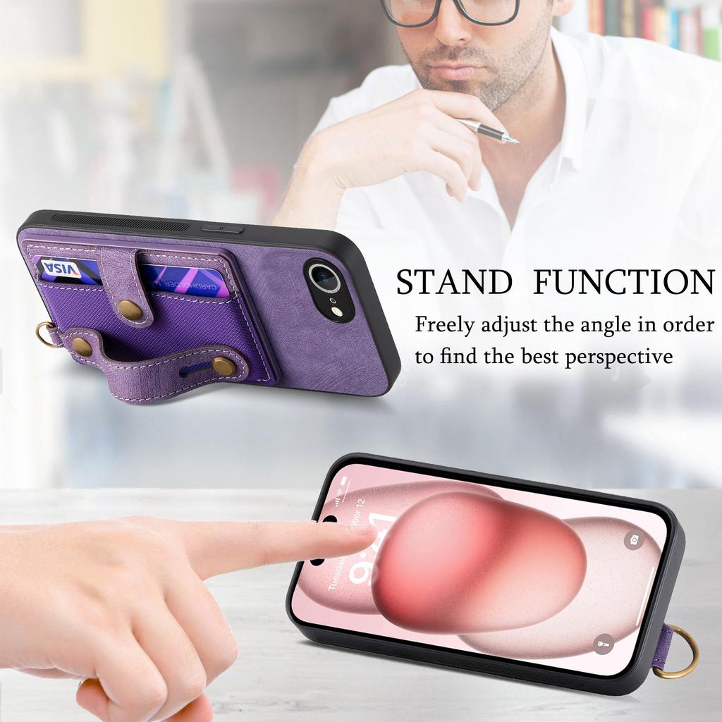 Dla iPhone 16e Pokrowiec na tył z PU skóry w stylu retro z uchwytem na karty i podstawką z opaską na nadgarstek