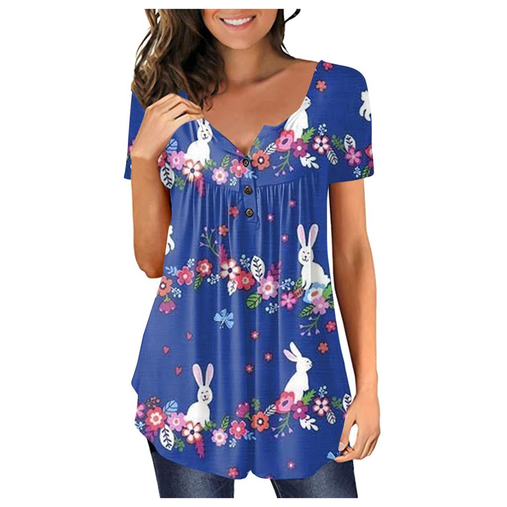 Women's Easter Short Sleeve Tops Loose Tops Casual Oversized Tops Pleated Tops Button Tie Tops Women