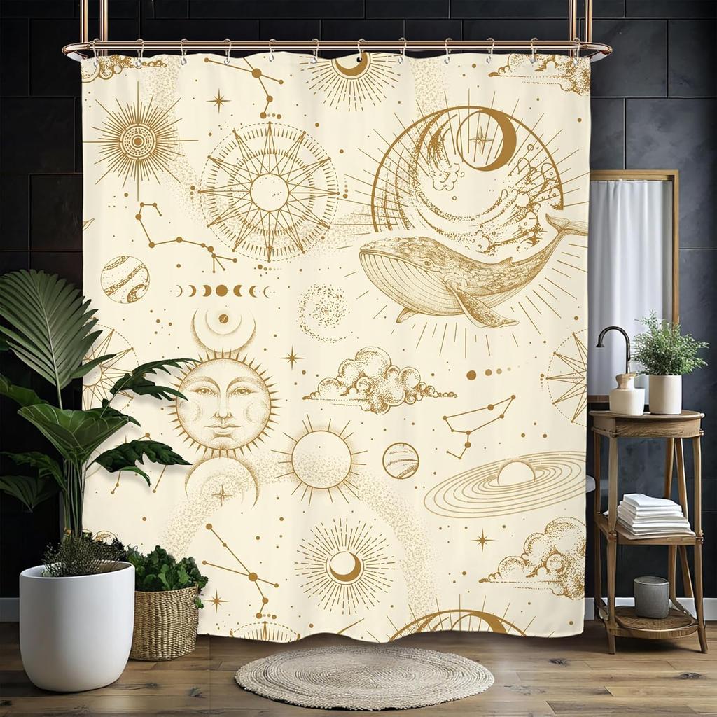 Witchy Gothic Shower Curtain - Moon Phase & Teal Wildflower Design,Mysterious Night Botanical Polyester,60x71 Inch with 12 Hooks