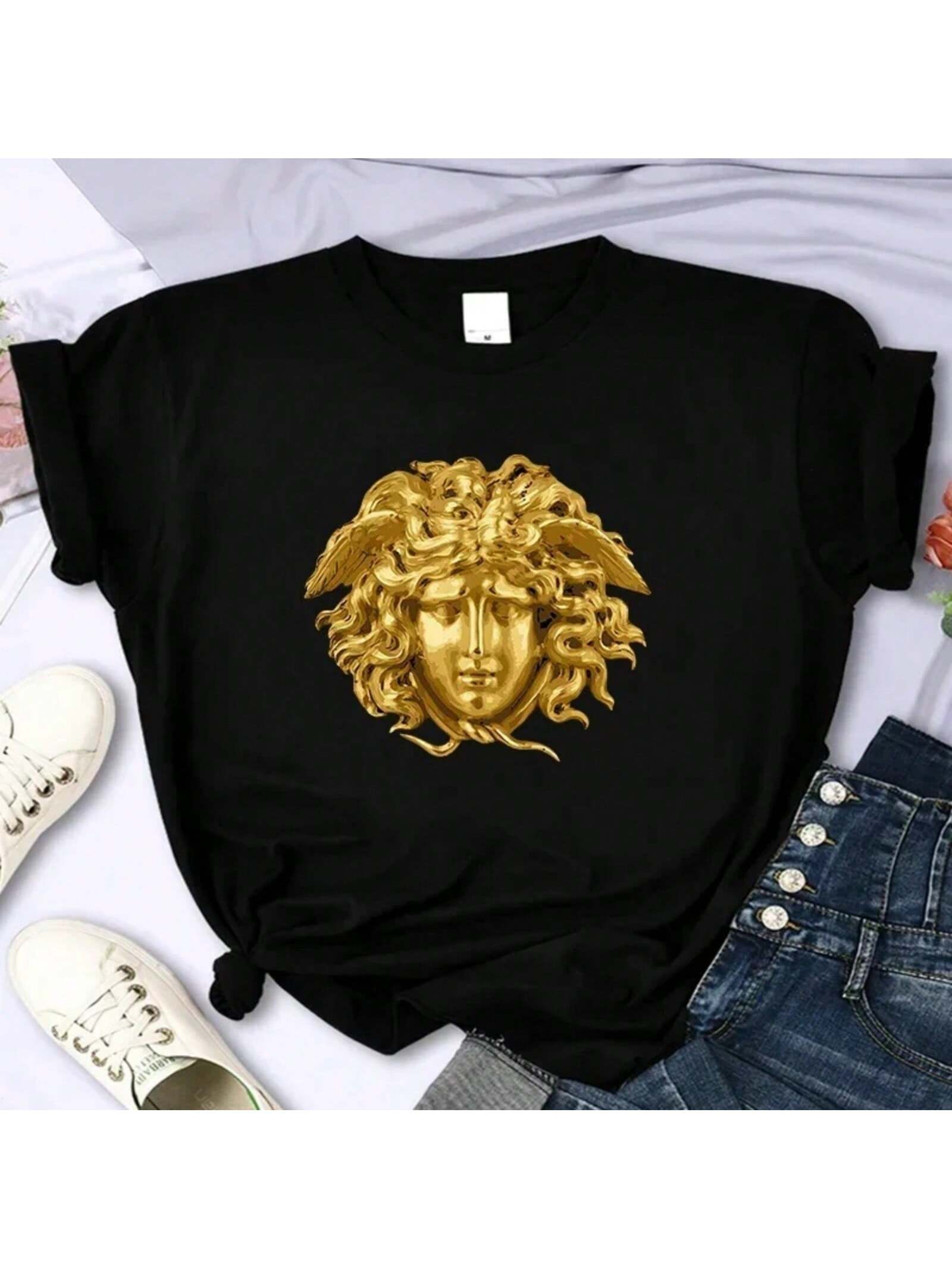 

Maycaur Kaus Wanita Lengan Pendek, Atasan Kasual Motif Bulan Planet, Leher Bulat, Kaus Vintage Wanita S