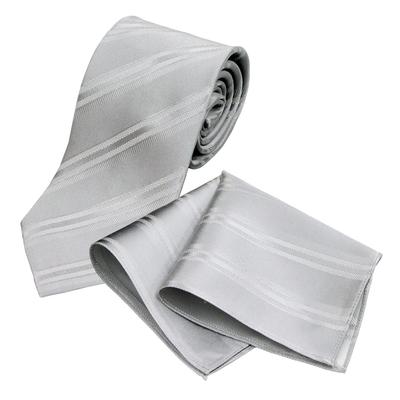 [Gran Creer] Necktie and Pocket Square Set, Formal Wear for Weddings, Silk, Made In Japan, Fujiyama Weave, Gran Creer (Stripe X Silver)