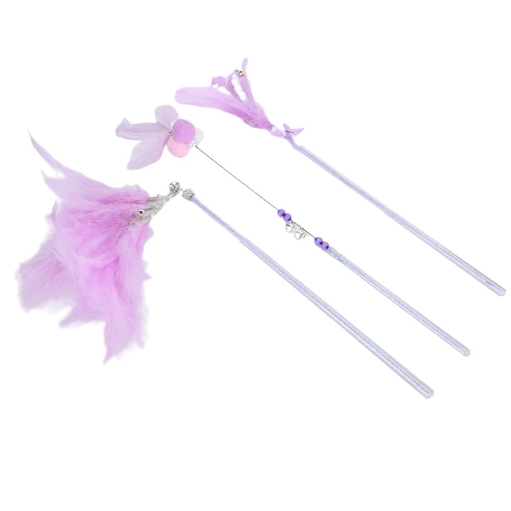 3er Set Katze Lustiger Stab Zauberstab Schleifendesign Haustier Teaser Spielzeug mit Knuspriger Glocke und Feder