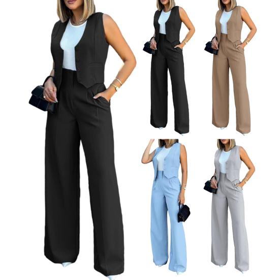 Damen 2-teilige Business-Outfits V-Ausschnitt Knopfleiste Crop Westen-Tops und High-Waist Hosen Set Sommer Büro Arbeitsanzug