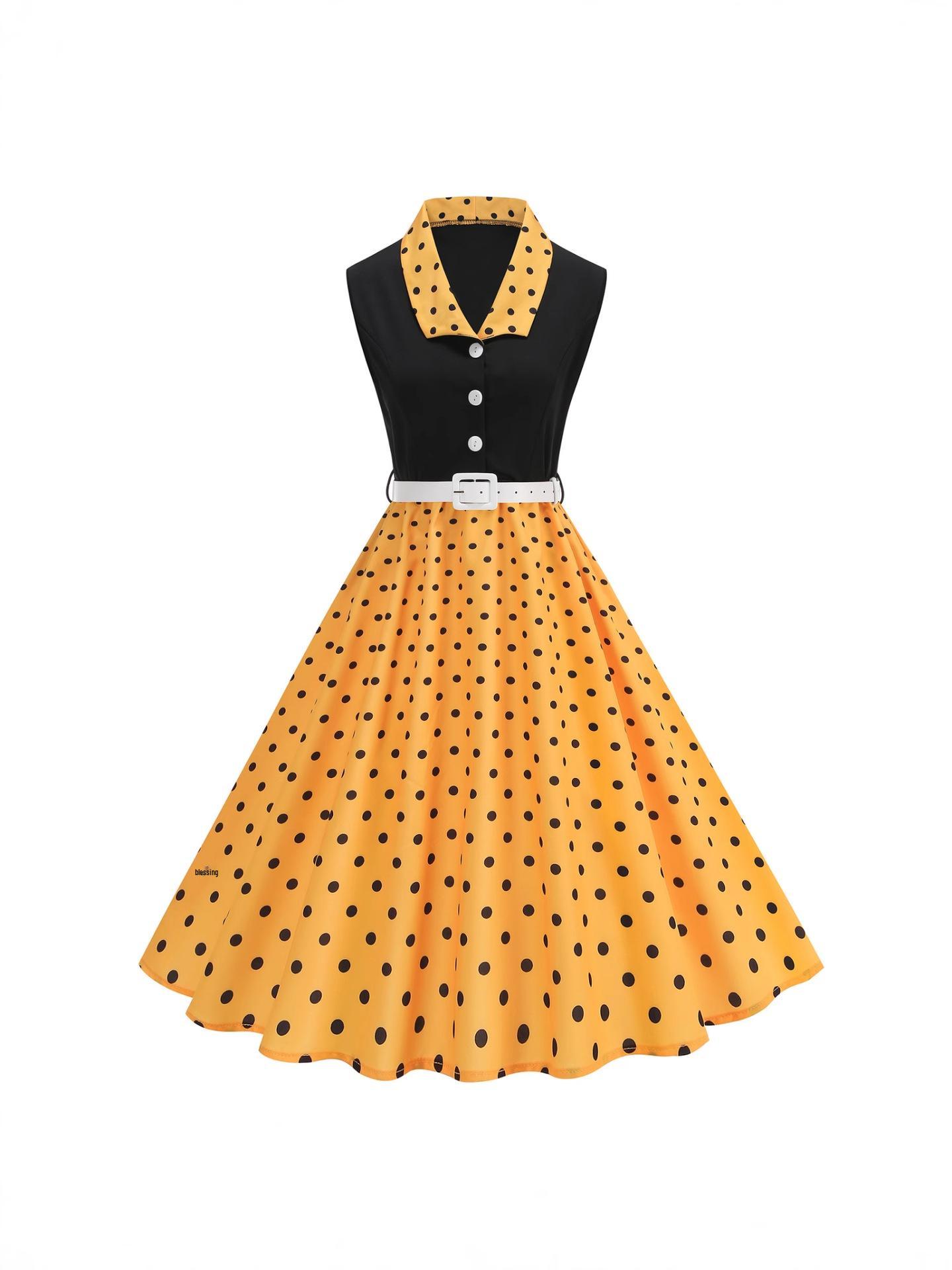 

Elegant Retro Hepburn Polka Dot Color Block Dress with Belt L золотой