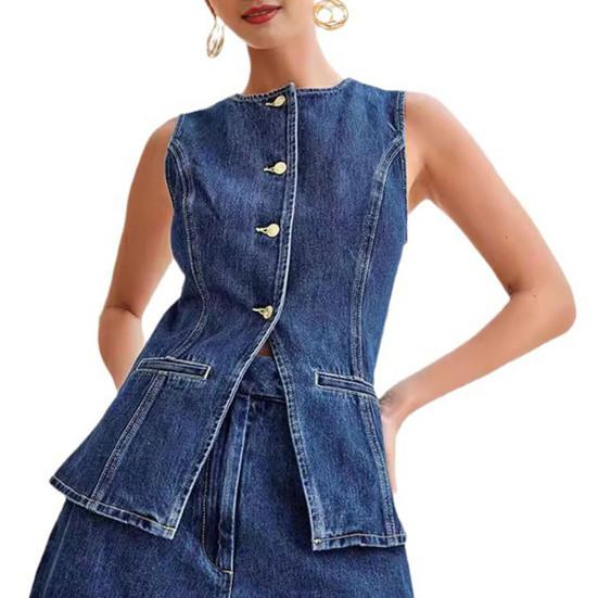 Women Vest Shorts Sleeveless Single-breasted Split Hem Round Neck Buttons Slim Fit