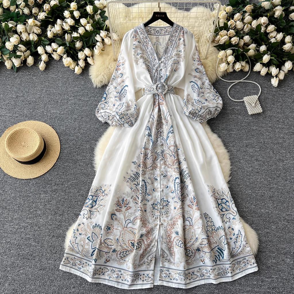 Summer Women Vintage Lond Dress Fashion Print A Line Ruffled Elegant Floral Party Dress Ladies Long Sleeve Long Woman Dresses