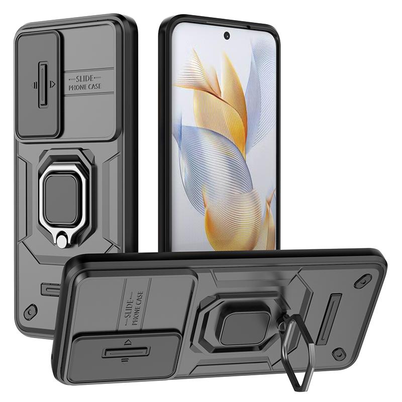 For Honor 90 Case PC+TPU Ring Kickstand Cellphone Cover with Slide Lens Guard
