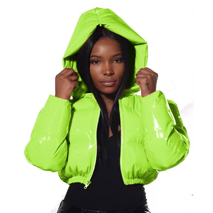 Damen Winter Kapuzenjacke, Glänzend, Daunenjacke, Einfarbig, Minimalistisch, Kurzärmelige Jacke S black