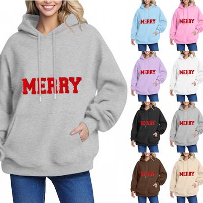 MERRY Women's Hoodie Letter Small Print Long Sleeve Pocket Loose Pullover Sweatshirt Top