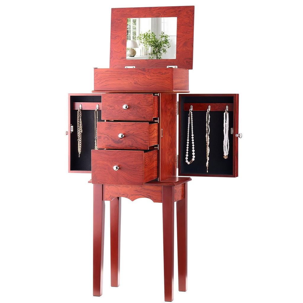 Jewelry Cabinet Armoire, Standing Wood Jewelry Storage Chest with 3 Drawers, Flip Top Mirror, 4 Top Storage Compartments, Zinc Alloy Handles, 2 Side