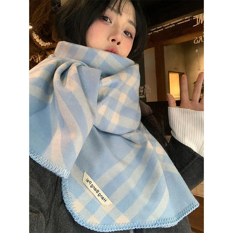 Korean Retro Pink Plaid Scarf for Women - Warm Autumn/Winter Neck Protection Shawl