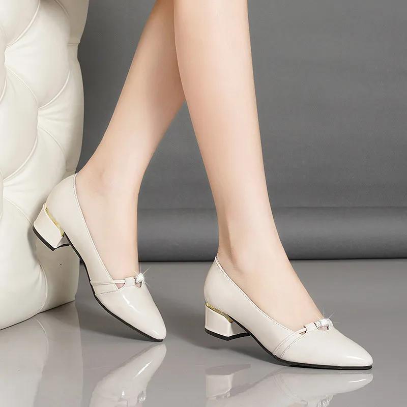 Real Soft Leather Single Shoes Women Spring and Autumn Mesh Breathable Thick Heel Small Leather Shoes British Style Shallow Mouth Work Shoes