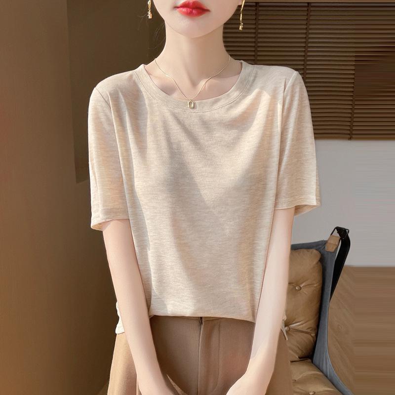Tencel Women's Breathable Round Neck Short Sleeve Top - Spring & Summer Versatile Loose Fit