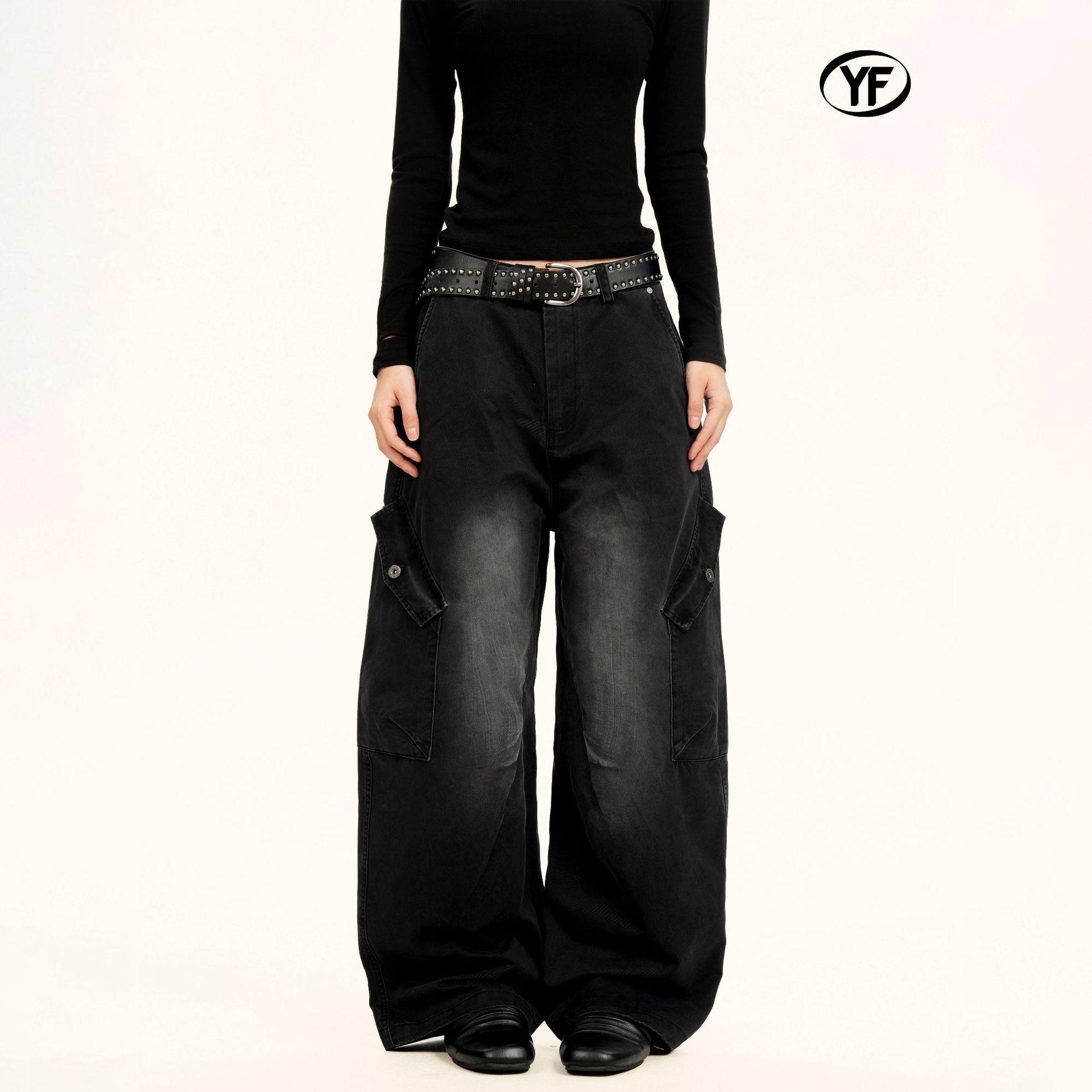 Yongfang Unisex Retro Wide-Leg Jeans with Multi-Pocket Design Large