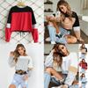 Winter Woman Autumn Color Patchwork Long Sleeve Round Neck Tie Sweatershirt