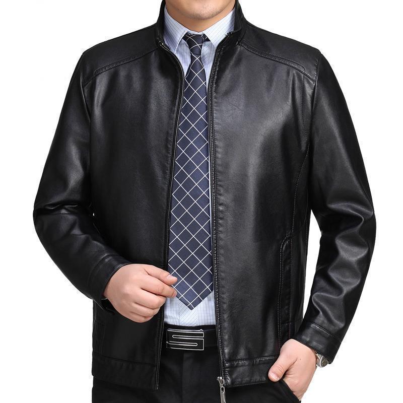 

Haining Men s Real Leather Jacket - Middle-Aged and Elderly Spring Autumn Business Casual Fleece-Lined Coat Medium