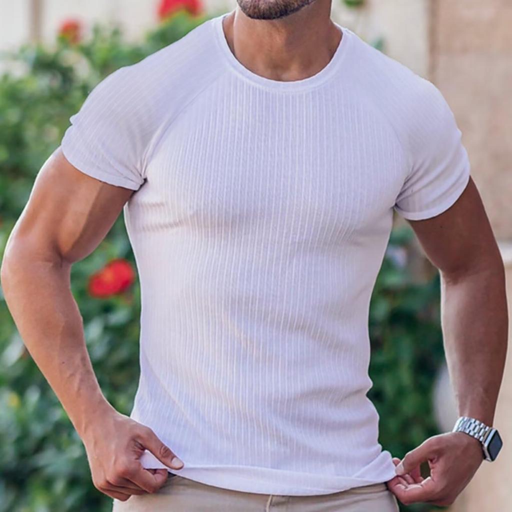 Musgneer Men's Short Sleeve Knit T-Shirt, Crew Neck, Slim Fit, Perfect for Training, Casual, Summer Wear, Black, Size L