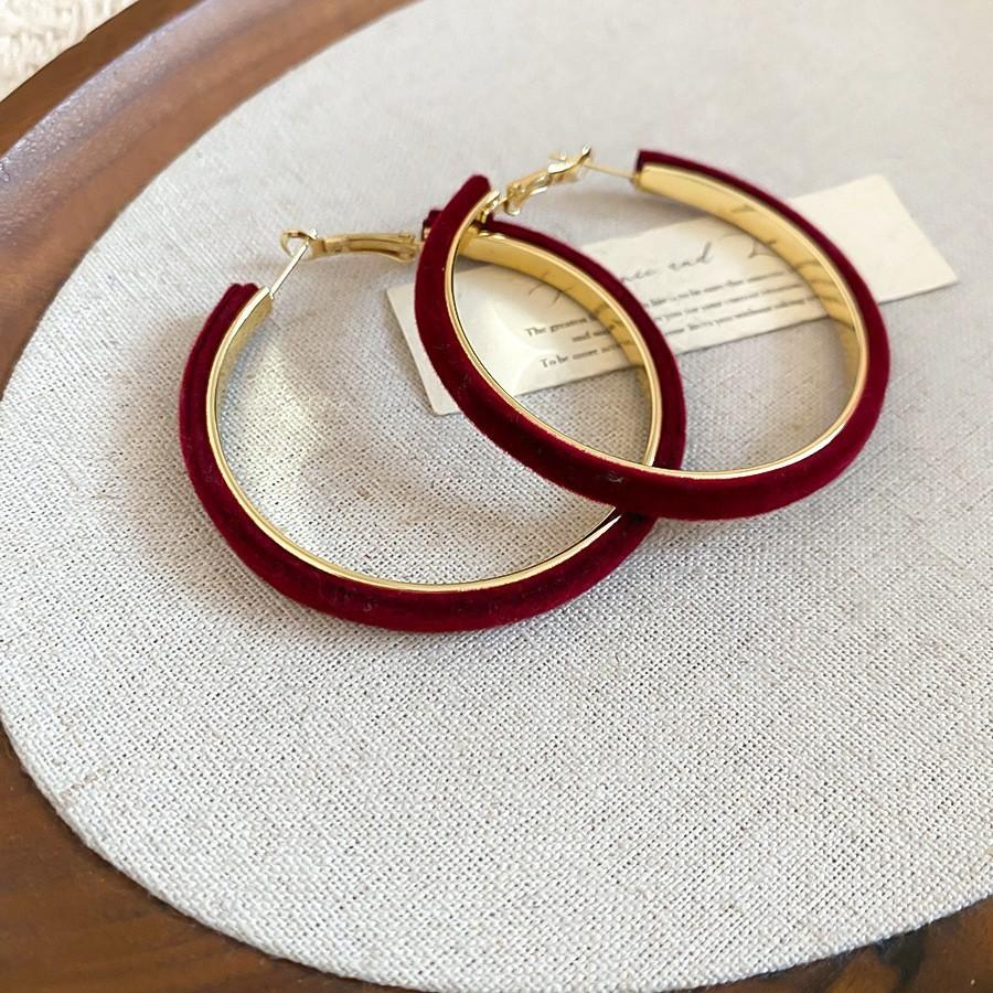 Retro Hong Kong Style Red Flocking Geometric Round Earrings Earrings Fashion Personality Temperament Earrings Women
