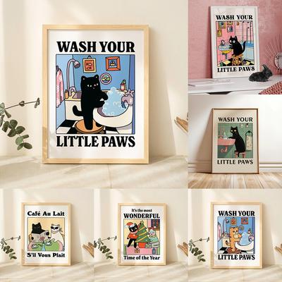 Estampa em Tela de Gato Fofo Lavando Patas Kawaii Poster de Arte de Parede para Banheiro Lavabo Quarto de Bebê Sala de Estar Moderna Quarto Decoração de Casa