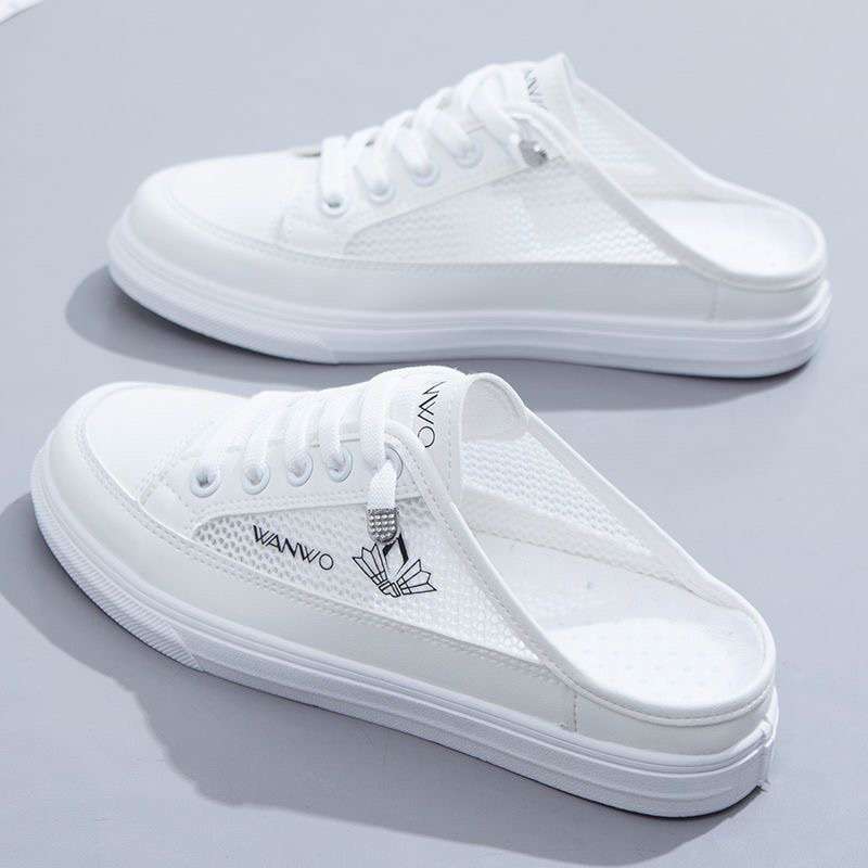 Half slippers women's 2025 summer new versatile thin breathable mesh shoes sandals outer wear bag head white single shoes