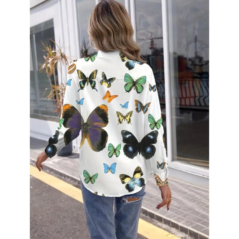 Butterfly Print Button Shirt, Casual Long Sleeve Shirt For Spring & Fall, Women's Clothing