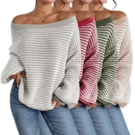 Women Sweater Off Shoulder Oversized Long Sleeve Knit Pullover Top Loose Fit Striped Print Soft Stretchy Knitting Tops