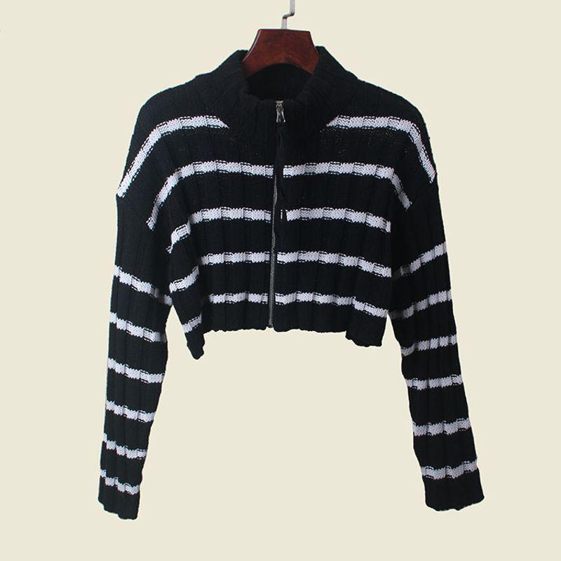 Export Contrast Color Stripes Zipper Short Cardigan Fall and Winter Long Sleeve Color Matching Knitting Sweater Female New Coat