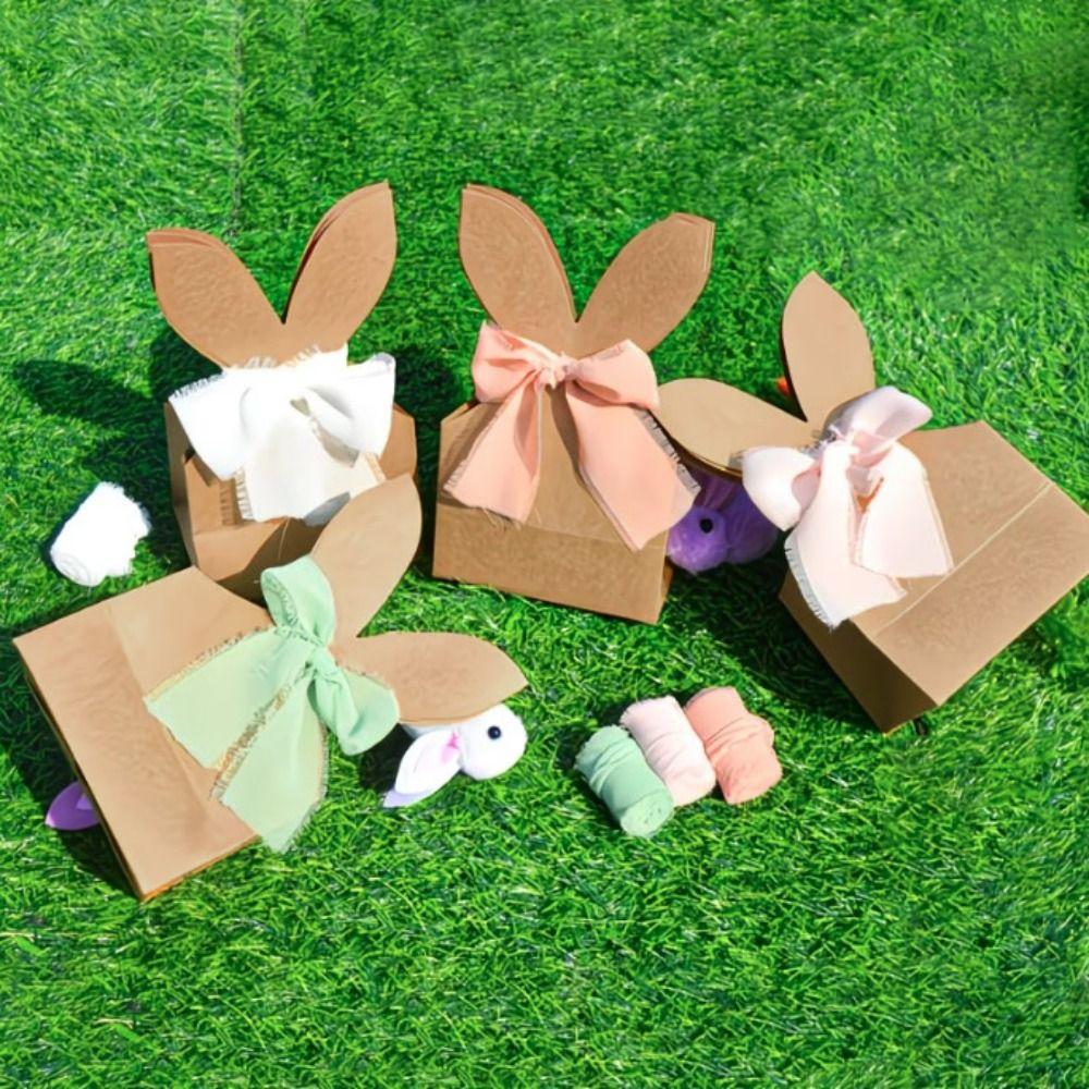 12PCS with Ribbon Bow Easter Rabbit Candy Gift Box Cartoon Bunny Gift Bag  Easter Decoration